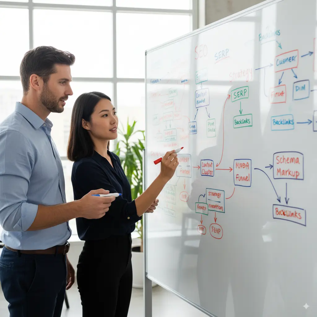 The founders of Power SEO planning a comprehensive SEO strategy on a whiteboard.